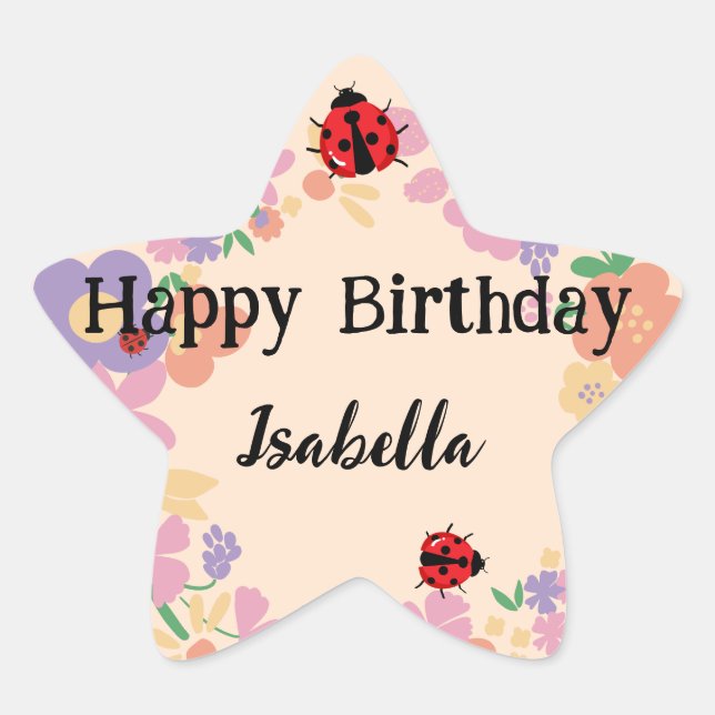 Pegatina En Forma De Estrella Cute red Polka dot Ladybug Spring Flower Birthday (Anverso)