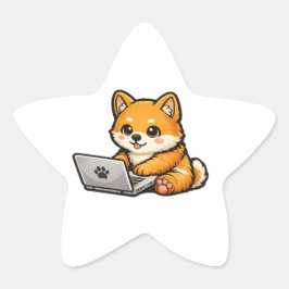 Pegatina En Forma De Estrella Cute Shiba Inu with Laptop – Cozy Dog Design