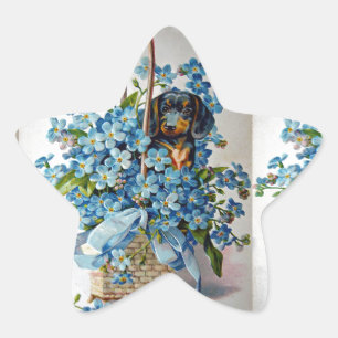 Pegatina En Forma De Estrella Dachshund y Forget-Me-Nots