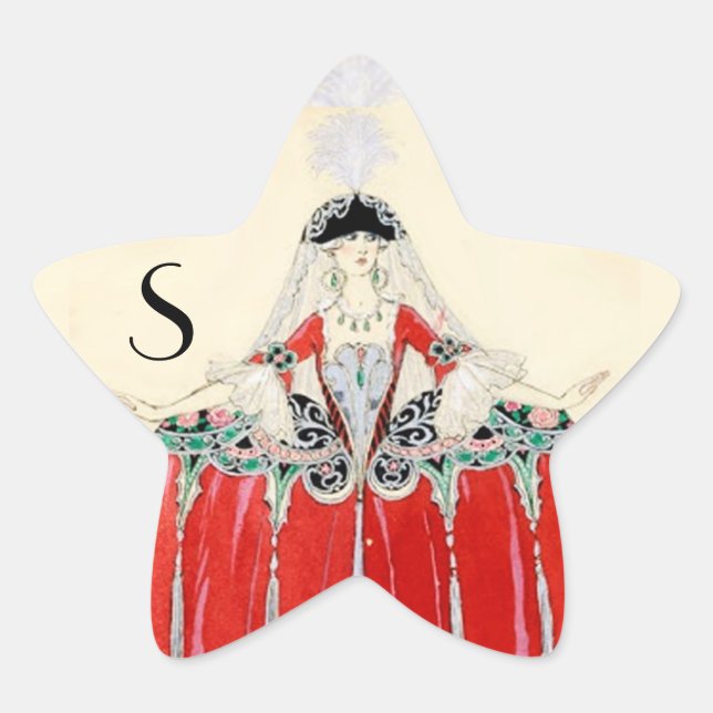 PEGATINA EN FORMA DE ESTRELLA DAMA EN ROJO, BELLEZA, COSTUMBRE DE MODA, MONOGRAM (Anverso)