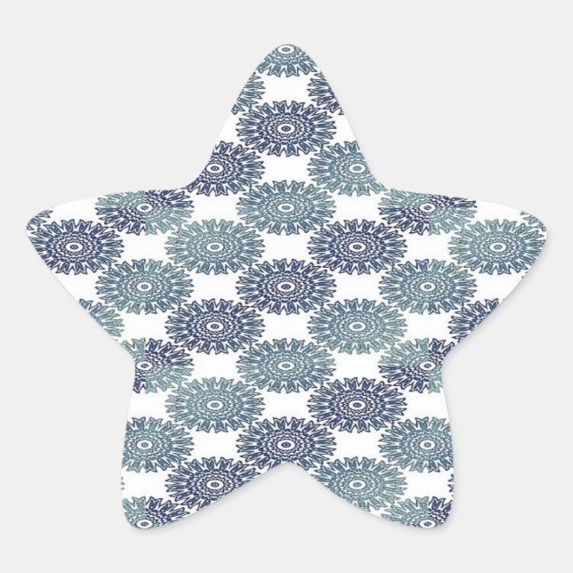Pegatina En Forma De Estrella Damasco azul floral sobre blanco (Anverso)