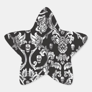 Pegatina En Forma De Estrella Damasco del cráneo en blanco y negro.