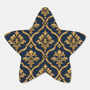 Pegatina En Forma De Estrella Diseño de Motivo Vintage de Damasco Dorado y Azul