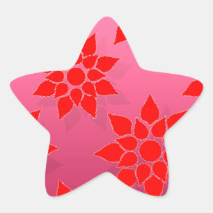 Pegatina En Forma De Estrella Diseño floral rojo brillante sobre rosa profundo
