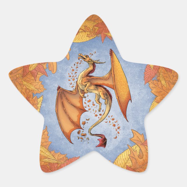 Pegatina En Forma De Estrella Dragón naranja del arte de la fantasía otoñal (Anverso)