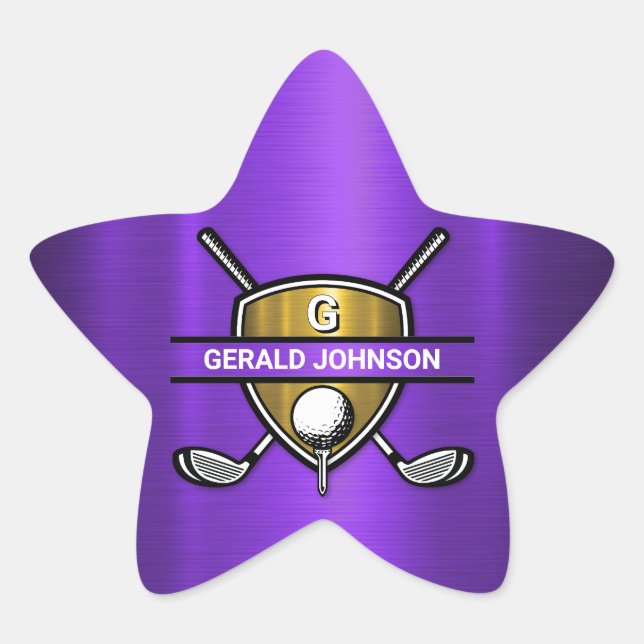 Pegatina En Forma De Estrella Elegante Diseño de Monograma de Golf Gold Shield (Anverso)