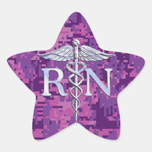 Pegatina En Forma De Estrella Enfermera inscrita RN Silver Caduceus en Camo Rosa