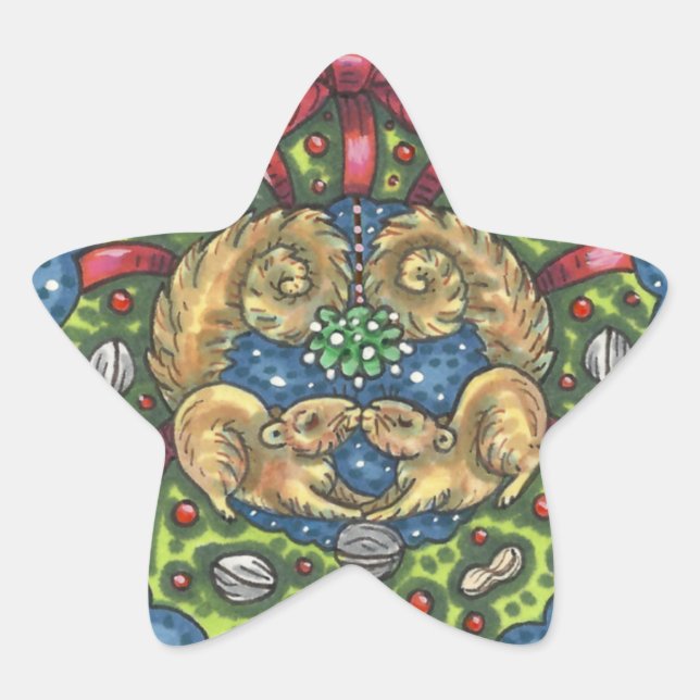 PEGATINA EN FORMA DE ESTRELLA ESCUELLOS DE BESO CUBIERTO BAJO MISTLETO, AGUA DE  (Anverso)