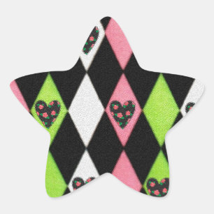 Pegatina En Forma De Estrella Estampado de Arlequín Colorido con Corazones de Ro
