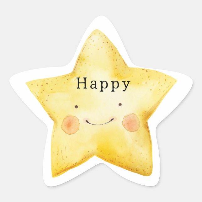 Pegatina En Forma De Estrella Estrella Amarilla Feliz (Anverso)