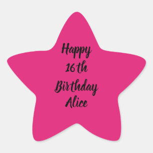 Pegatina En Forma De Estrella Feliz 16º cumpleaños Pink Black Custom Name Girly