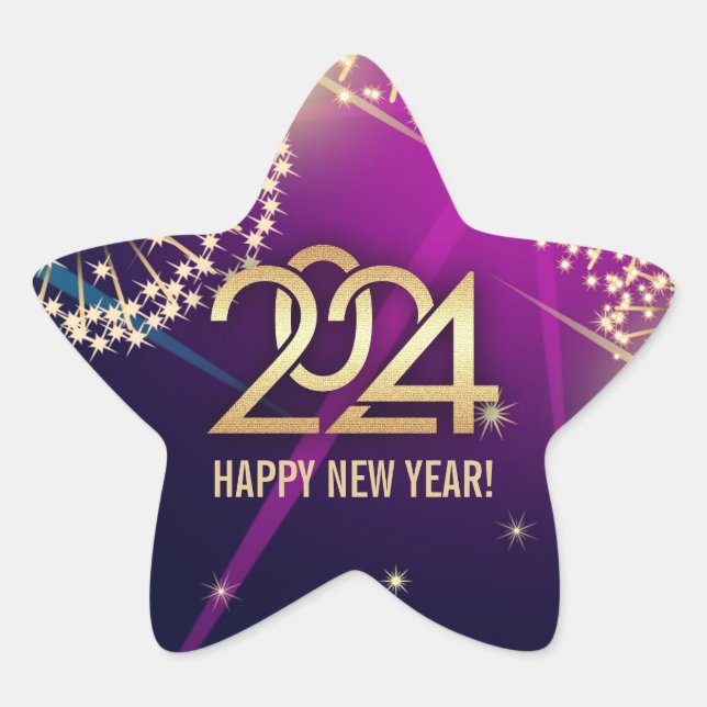 Pegatina En Forma De Estrella Feliz Año Nuevo 2024. Fuegos artificiales (Anverso)