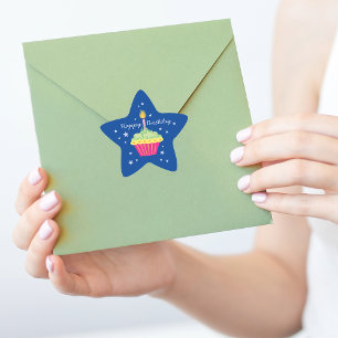 Pegatina En Forma De Estrella Feliz Cumpleaños Torta Azul