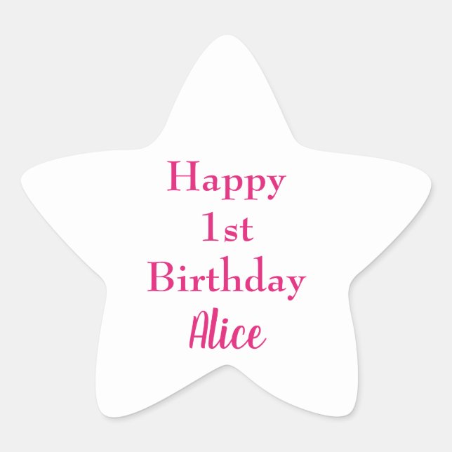 Pegatina En Forma De Estrella Feliz primer cumpleaños nombre personalizado rosa  (Anverso)