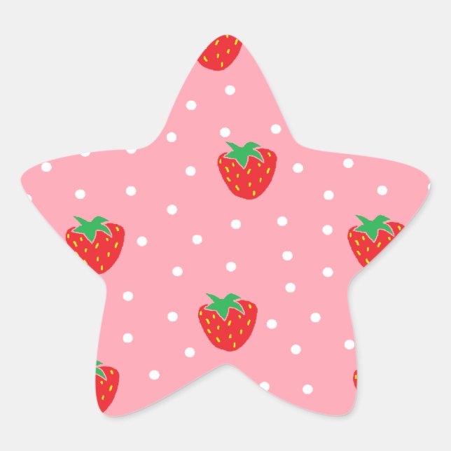 Pegatina En Forma De Estrella Fresas y puntos de polka rosados (Anverso)