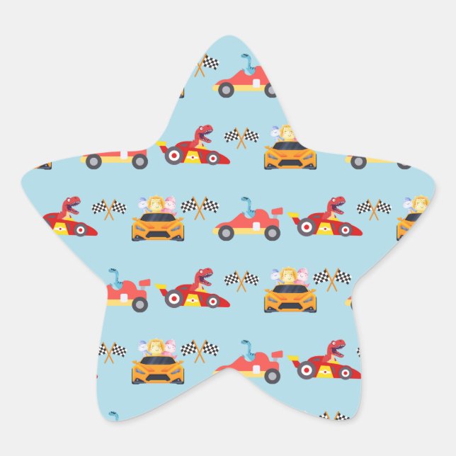 Pegatina En Forma De Estrella Funny Dinosaur racing car boy kids Birthday fiesta (Anverso)