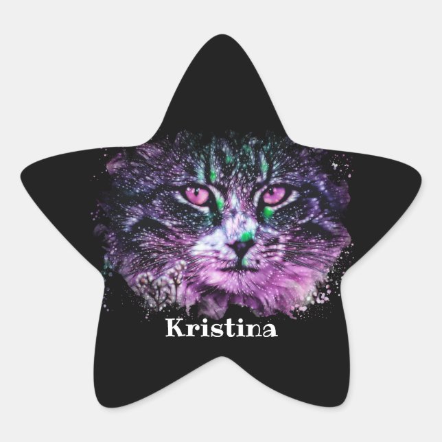 Pegatina En Forma De Estrella Galaxia Cat Black Purple Green Watercolor Digital (Anverso)