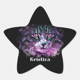 Pegatina En Forma De Estrella Galaxia Cat Black Purple Green Watercolor Digital