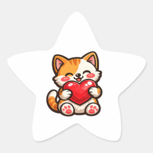 Pegatina En Forma De Estrella Gato Adorable Corazón – Gato Kawaii Abrazando Cora