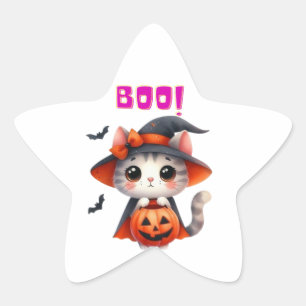 Pegatina En Forma De Estrella Gato lindo de Halloween con calabaza y decoración 