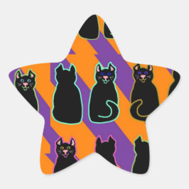 Pegatina En Forma De Estrella Gato negro sobre rayas naranjas y púrpuras