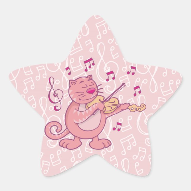 Pegatina En Forma De Estrella Gato rosa con violín (Anverso)