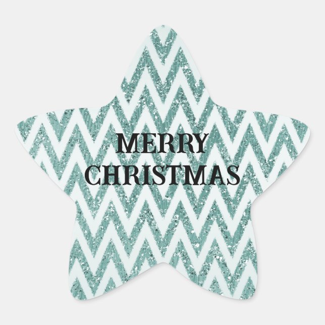 Pegatina En Forma De Estrella Glitzy Green White Chevron Strips Navidades (Anverso)