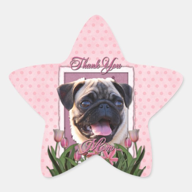 Pegatina En Forma De Estrella Gracias - Tulipanes rosados - Pug (Anverso)