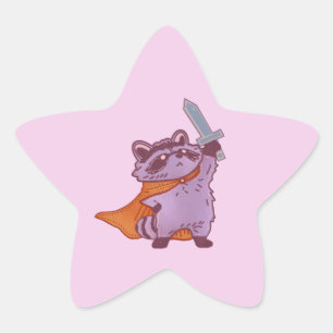 Pegatina En Forma De Estrella Guerrero Mapache de Fantasía Adorable con Espada y