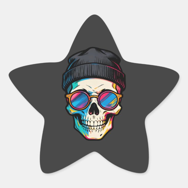 Pegatina En Forma De Estrella Hipster Skully (Anverso)