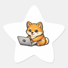 Pegatina En Forma De Estrella Ilustración acogedora de Shiba Inu lindo con portá