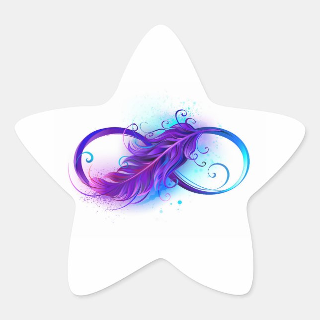 Pegatina En Forma De Estrella Infinito con plumas púrpura (Anverso)