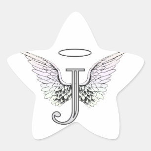 Pegatina En Forma De Estrella Letra J Monograma inicial con Angel Wings & Halo