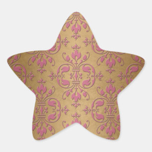 Pegatina En Forma De Estrella Lindo patrón Damsask rosa sobre dorado