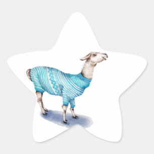 Pegatina En Forma De Estrella Llama acuarela en suéter azul