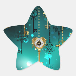 Pegatina En Forma De Estrella Llaves esqueleto antiguas sobre fondo verde
