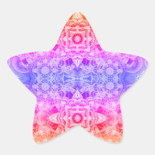 Pegatina En Forma De Estrella Mandala caleidoscópico en azul, amarillo y rosa