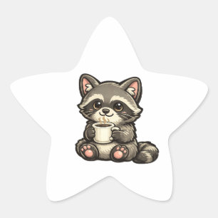 Pegatina En Forma De Estrella Mapache Adorable con Café – Animal Kawaii Acogedor