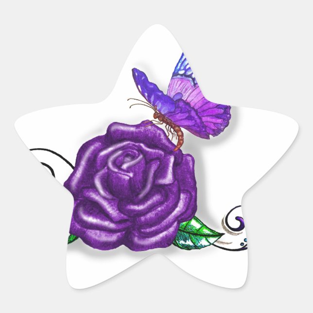 Pegatina En Forma De Estrella Mariposa violeta y diseño Rosa (Anverso)