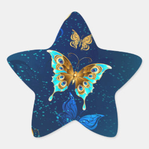 Pegatina En Forma De Estrella Mariposas doradas sobre fondo azul
