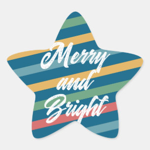 Pegatina En Forma De Estrella Merry y Bright en franjas de color vintage