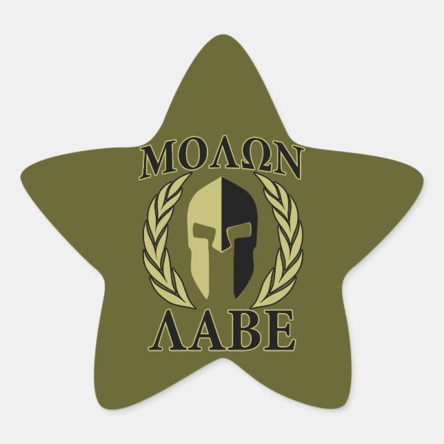 Pegatina En Forma De Estrella Molon Labe Spartan Mask Laurelles Olive Green (Anverso)