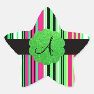 Pegatina En Forma De Estrella Monograma rayado negro verde rosa