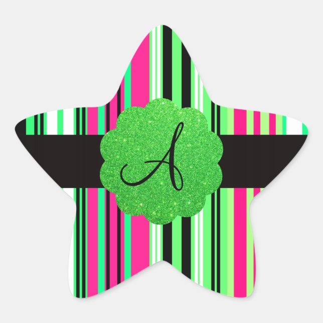 Pegatina En Forma De Estrella Monograma rayado negro verde rosa (Anverso)