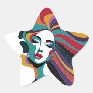 Pegatina En Forma De Estrella Mujer abstracta colorida con arte de pelo flotante
