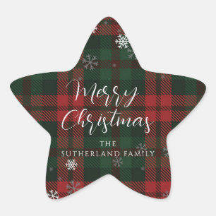 Pegatina En Forma De Estrella Navidad Alegre Plaid Script Personalizado