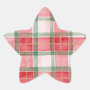Pegatina En Forma De Estrella Navidad Cuadros Rayas Rojo Verde Dorado
