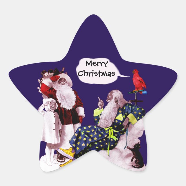 PEGATINA EN FORMA DE ESTRELLA NAVIDAD SANTA CLAUS, PEQUEÑO ANGEL Y MERLIN (Anverso)
