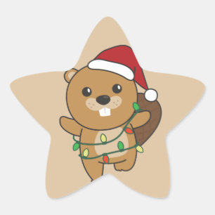 Pegatina En Forma De Estrella Navidades castores Animales de invierno Beaver Sta