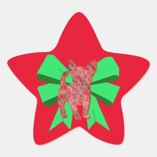 Pegatina En Forma De Estrella Navidades Chihuahua Dog Silhouette Red & Green Bow (Anverso)